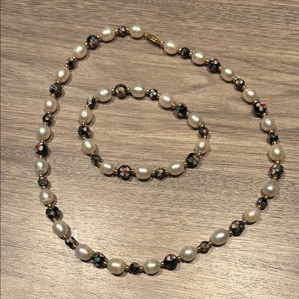 14k Pearl and floral enamel bead set